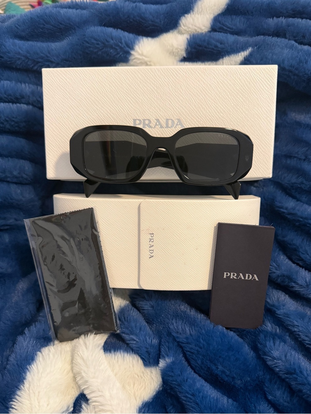 Prada Black Women's Rectangular Sunglasses with Dark Lenses